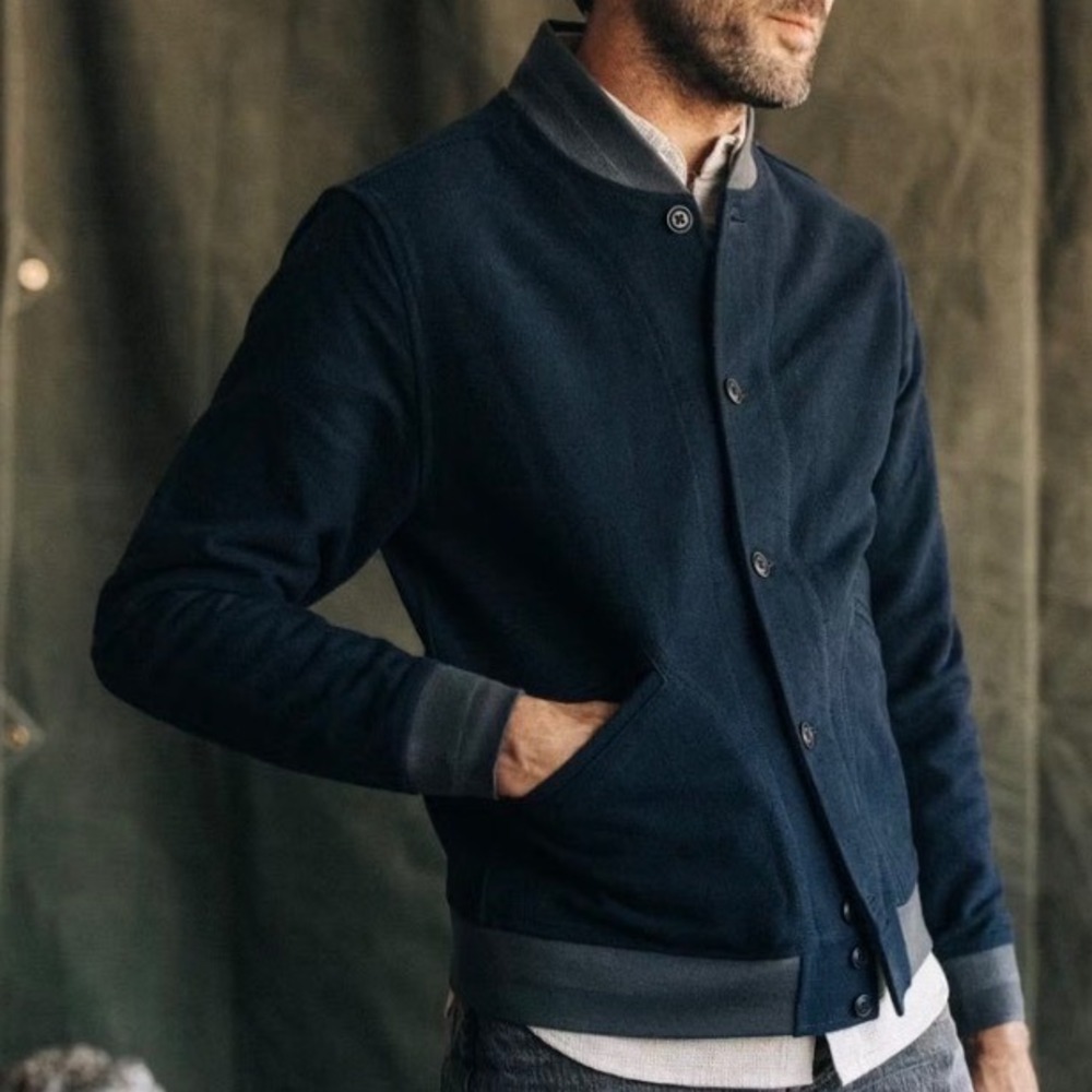 Taylor Stitch The Moleskin Bomber Jacket Navy Blue Organic Cotton Men's Sz 44 XL